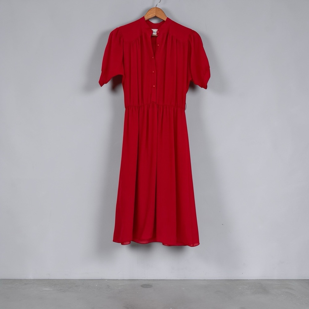 Vintage A-Line Midi Dress Size S Sheer Elastic Waist Solid Red Retro Feminine - Picture 2 of 11